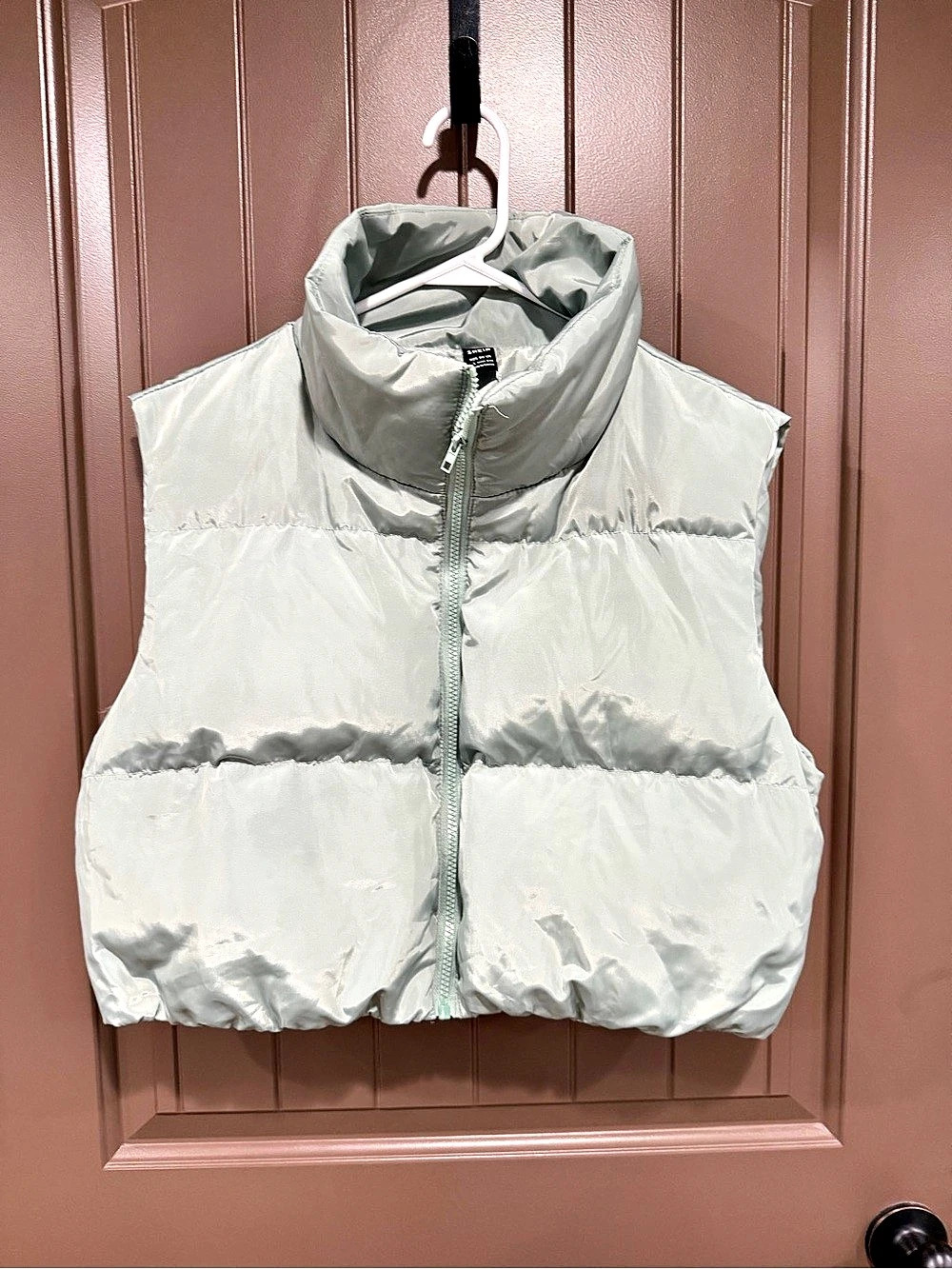 SHEIN Solid Zip Up Crop Puffer Vest Green